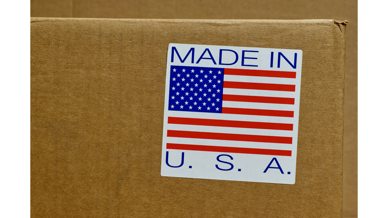 Made in USA label on the side of an unopened cardboard box.