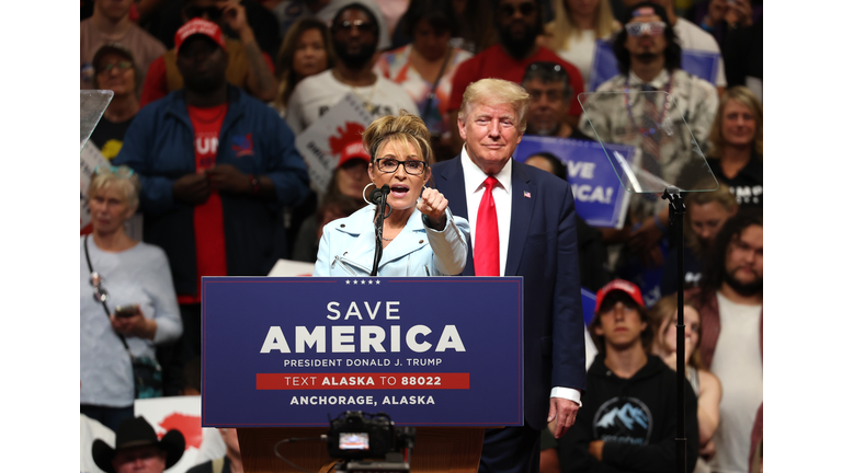 Former President Trump Campaigns With House Candidate Sarah Palin And Senate Candidate Kelly Tshibaka In Anchorage, Alaska