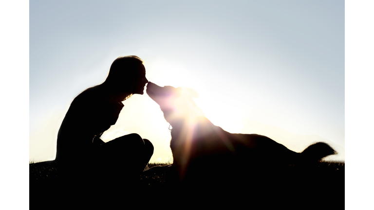 Happy Woman and Dog Outside Silhouette