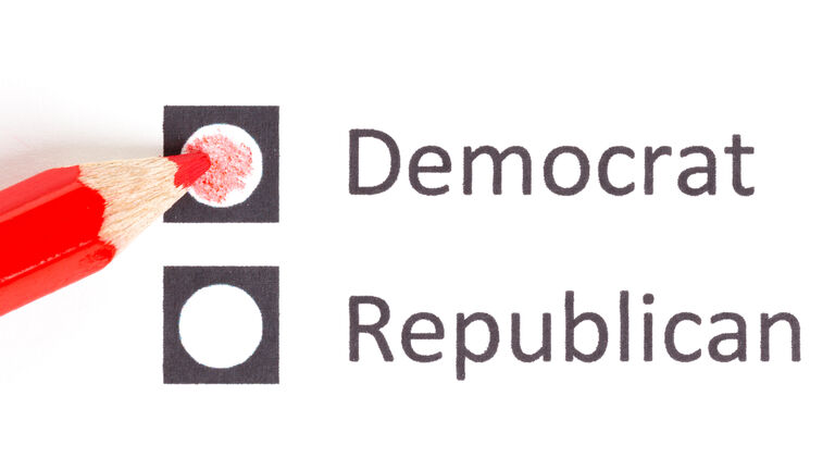 Red pencil choosing between democrat and republican