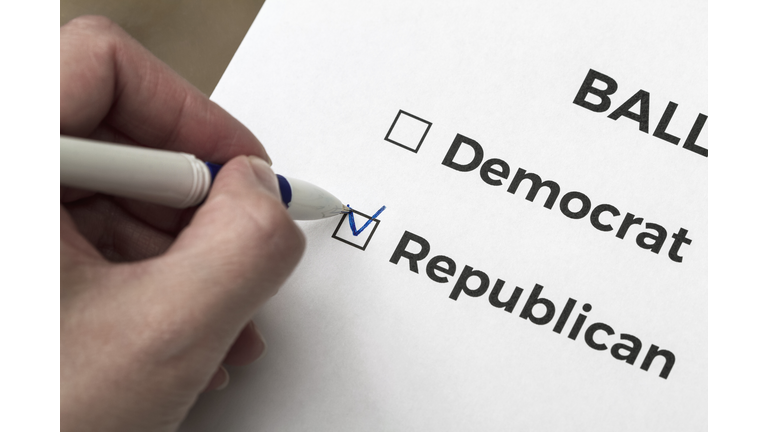 Checklist concept. Voter votes for Republican on the ballot. A checkmark for Republican in the checkbox.