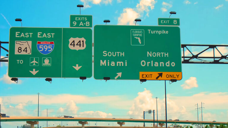 Florida State Road 826. Interstate 95. South Miami and North Orlando road sign