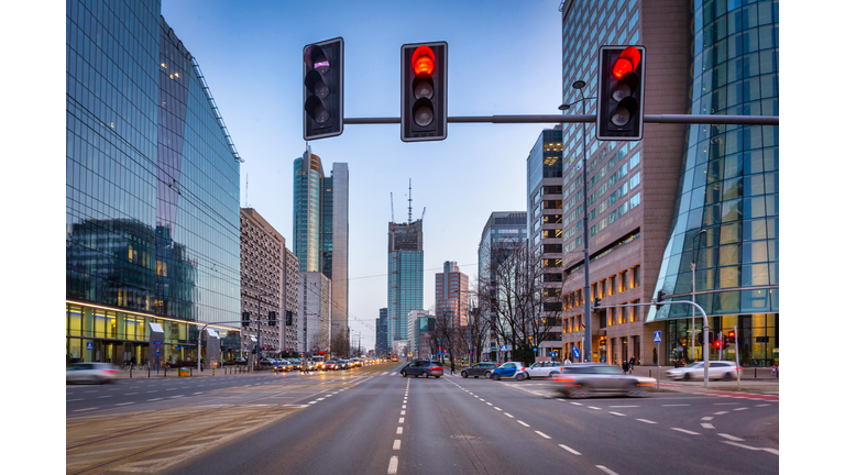 Architecture of Warsaw city at dusk