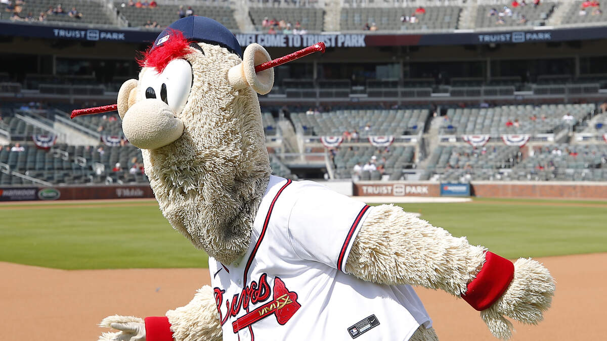 Braves' Blooper: Mascot ruthlessly stiff-arms kids in football game