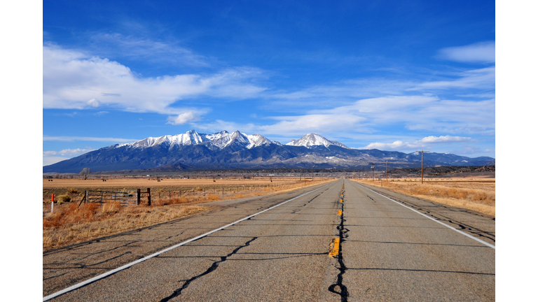 Highway 160 and the Rocky Mountains (Blanca Peak and Mount Lindsey - Sangre de Cristo Range), Fort Garland, Colorado, USA