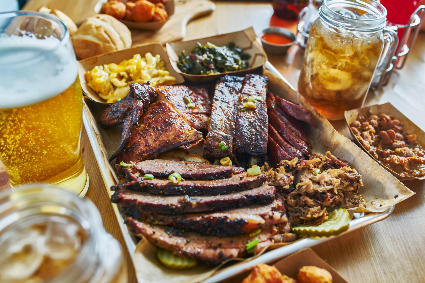 texas style bbq tray with smoked brisket, st louis ribs,