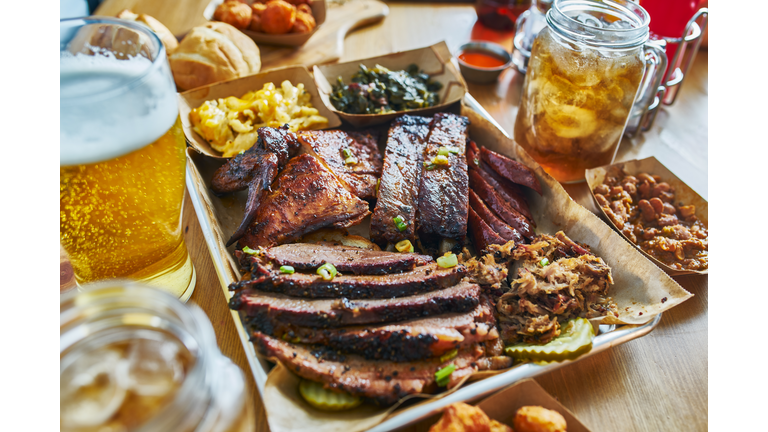 texas style bbq tray with smoked brisket, st louis ribs,