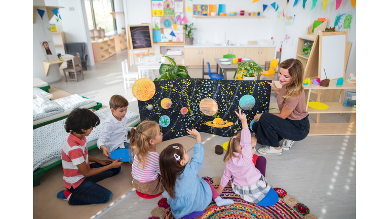 High angle view of pre school teacher showing poster with planets to children indoors in nursery, Montessori education.