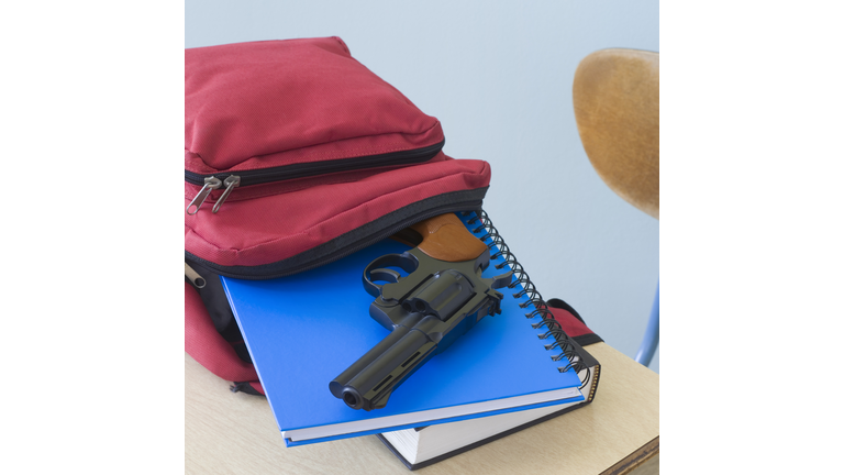 Backpack, notebooks, and handgun