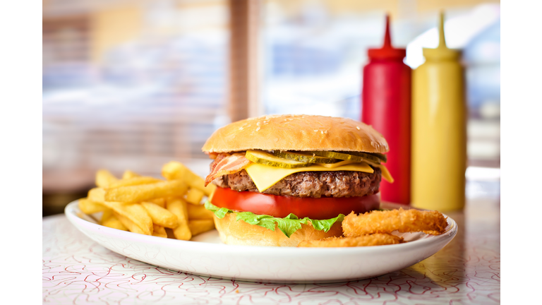 Fresh hamburger with french fries.