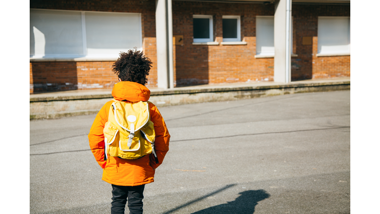 Little school boy at the entrance of school