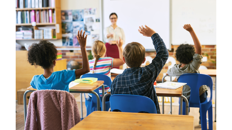 Children sitting in their school classroom and raising their hands to answer a question