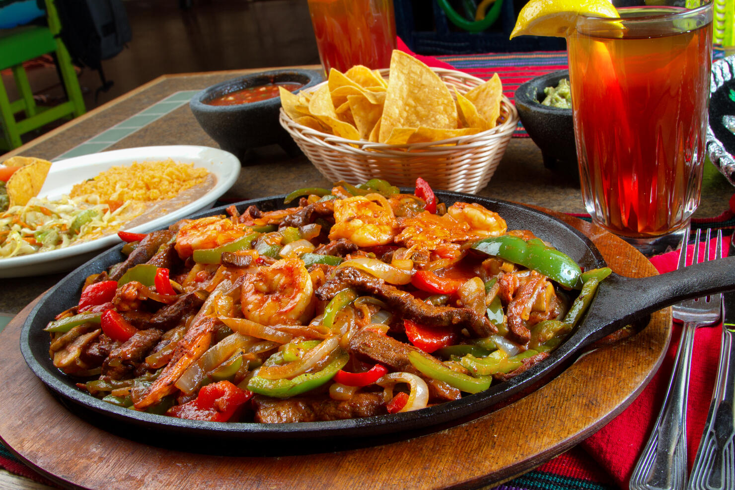 Combination Mexican Fajitas with Shrimp, Chicken and Beef
