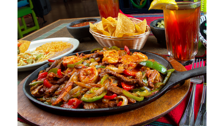 Combination Mexican Fajitas with Shrimp, Chicken and Beef