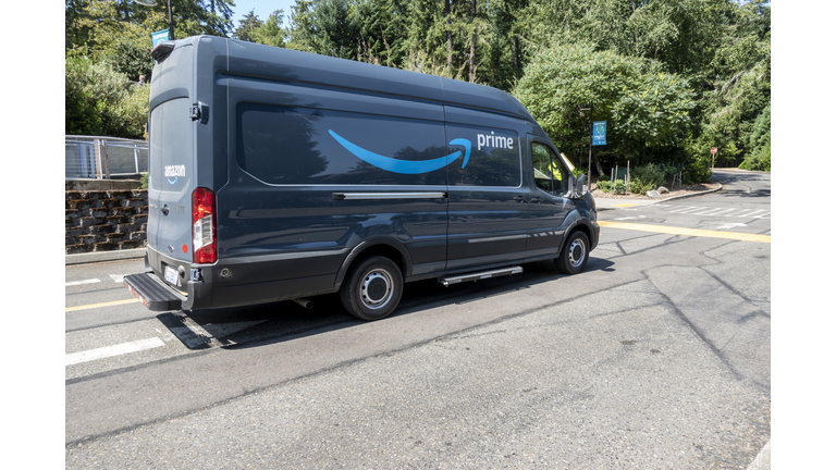 Angled view of an Amazon Prime delivery van outside of the Point Defiance Zoo.