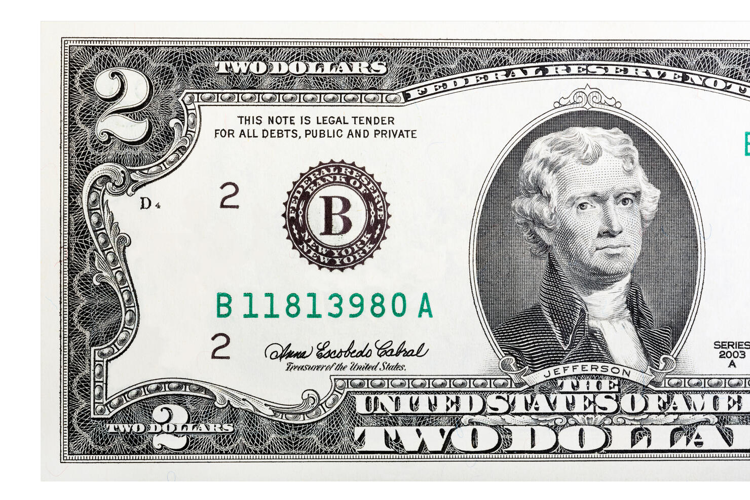 A close-up of a two U.S. dollar bill. Isolated