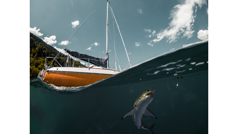 High Angle View Of Fish In Sea Against Sky