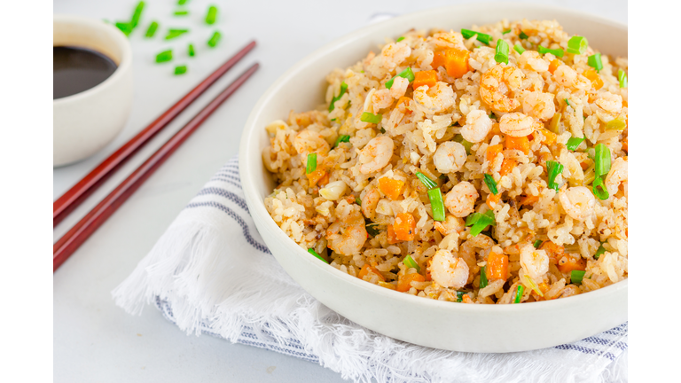 Shrimp Fried Rice in a White Bowl with Chopsticks
