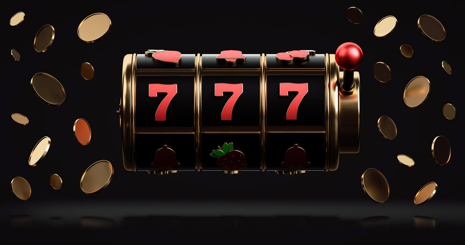 Modern Black, Red And Golden Slot Machine With Coins - 3D Illustration