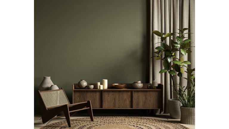 Green interior with dresser, lounge chair, plants and decor. 3d render illustration mockup.