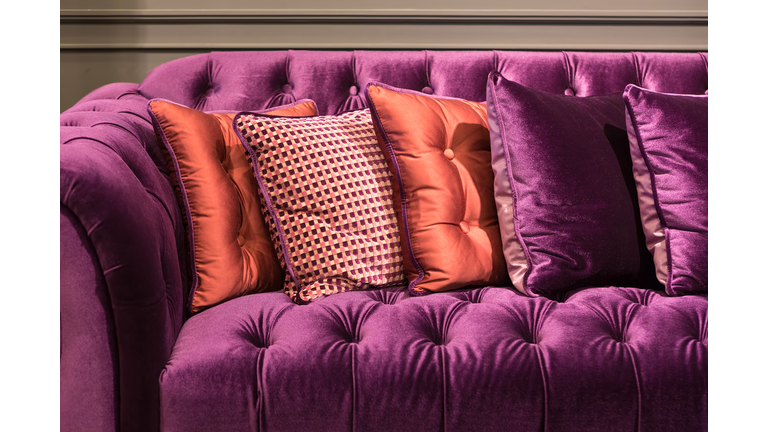 Close up of violet velvet sofa and cushions