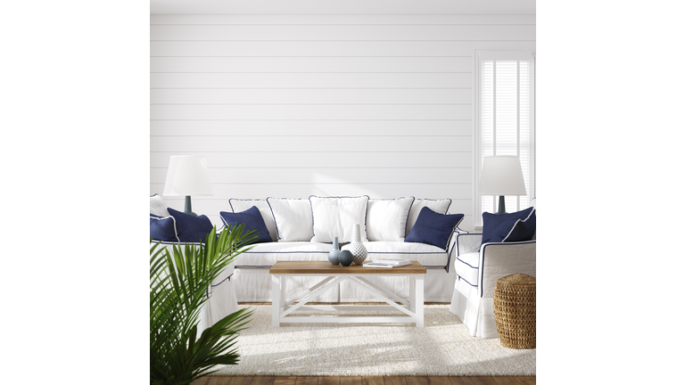 Hampton style living room interior, wall mockup