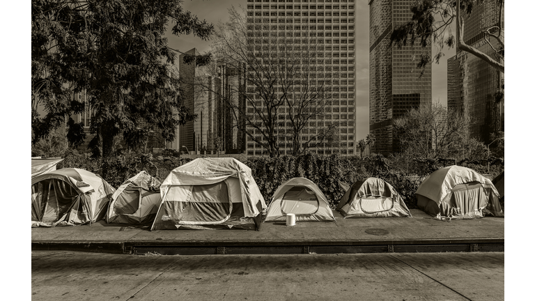 Homeless Tents, Skyscrapers in Background