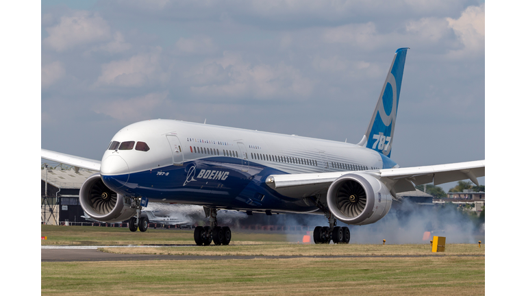 Boeing 787-9 Dreamliner commercial airline aircraft landing at Farnborough Airport.