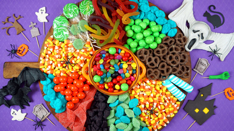 Halloween trick or treat candy grazing platter charcuterie board.