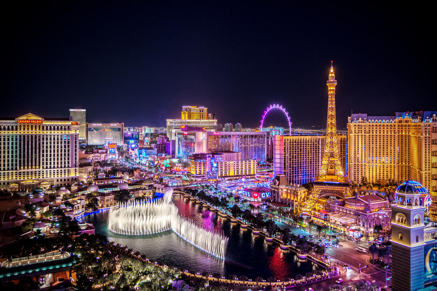 Aerial view of Las Vegas Strip at night in Nevada