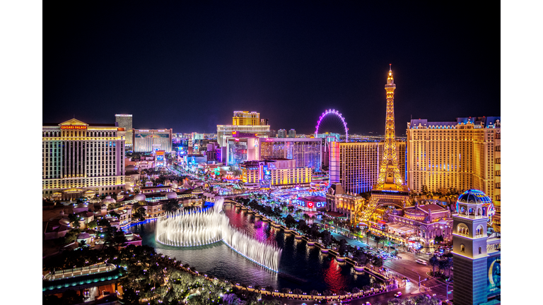 Aerial view of Las Vegas Strip at night in Nevada