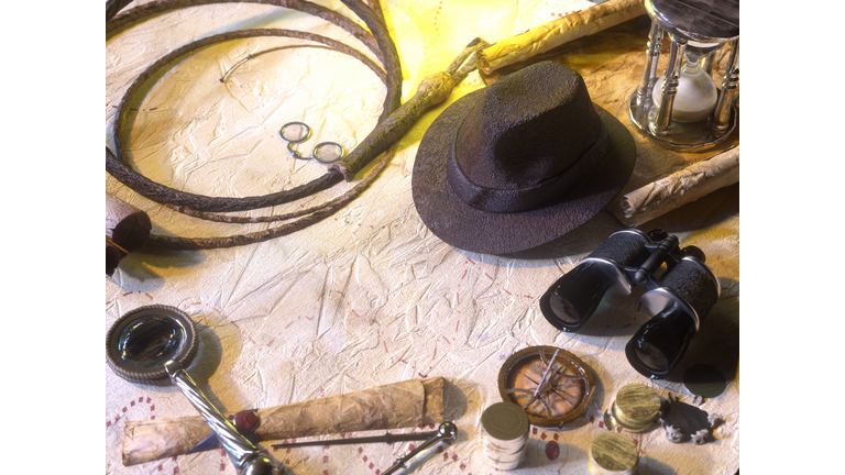 Travel concept around the world, compass, Indiana Jones style hat 3D 
render