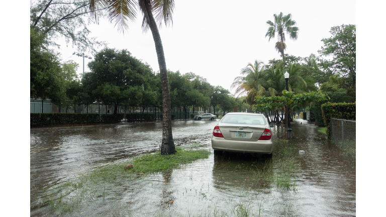A flooded street after a heavy rainstorm in Miami Beach, Florida
