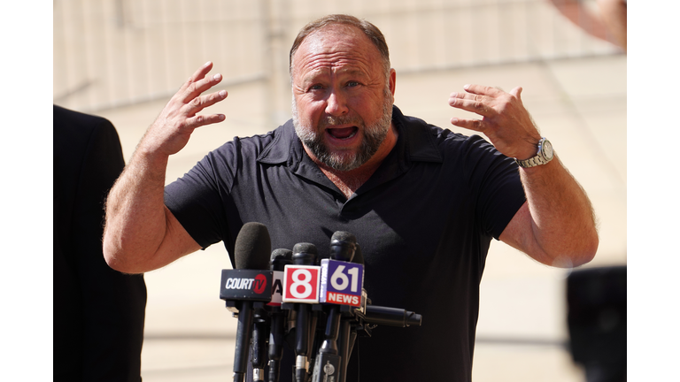 Alex Jones Speaks To The Media Outside The Sandy Hook Trial In Waterbury, Connecticut