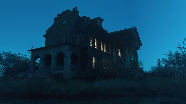 Ominous dilapidated and abandoned mansion with illuminated interior lighting at dusk. 3D rendering.