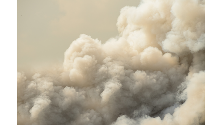 Dense white smoke rising from the raging wildfire