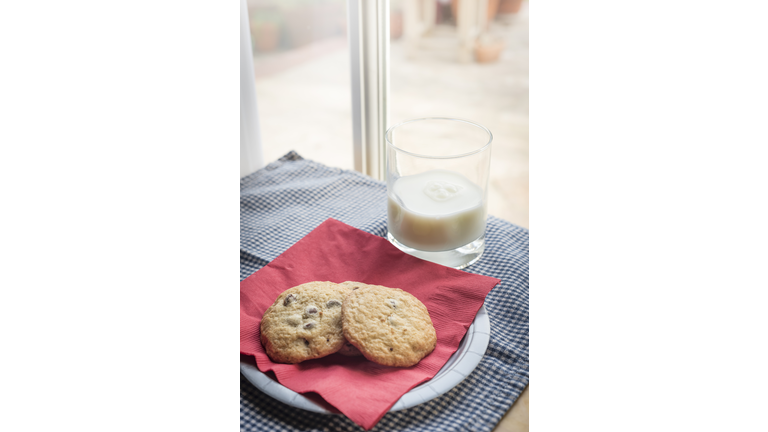 Snack of Milk and Fresh Chocolate Chip Cookies