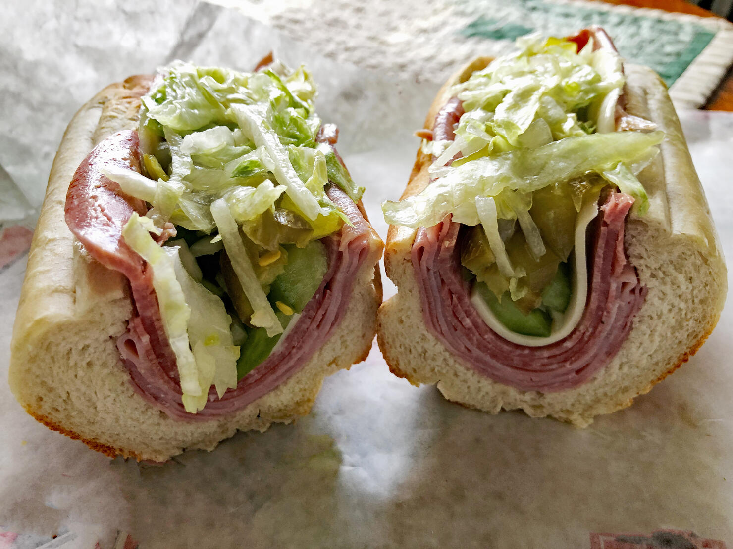 Ham and salami italian submarine sandwich with no tomatoes