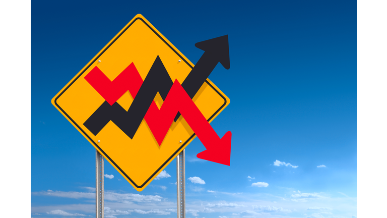 Up and Down Unstable Graph Financial Market Road Sign Post