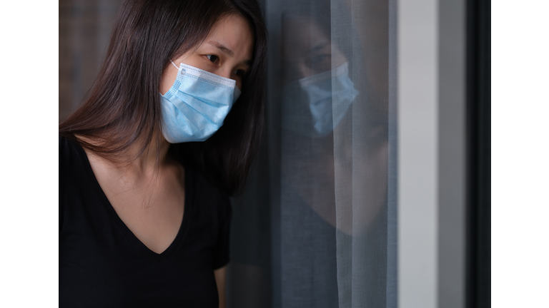 sad woman alone with surgical mask