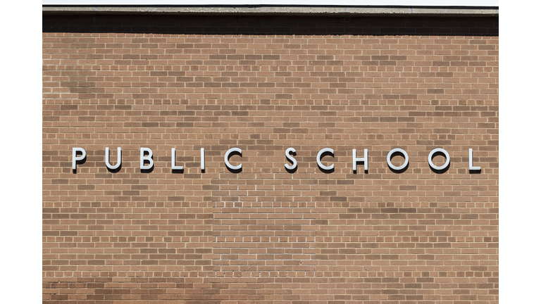 PUBLIC SCHOOL in stainless steel text against a brick background.