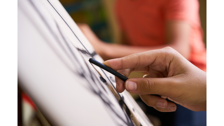 Male Hand Drawing Young Man Sketching Artist Training At School