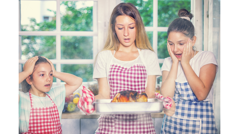 Young Girls Are Looking at a Burnt Turkey