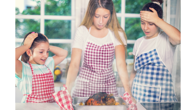 Young Girls Are Looking at a Burnt Turkey