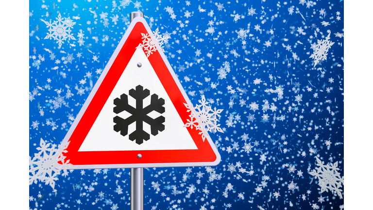 Beware of ice or snow, road sign. 3D rendering