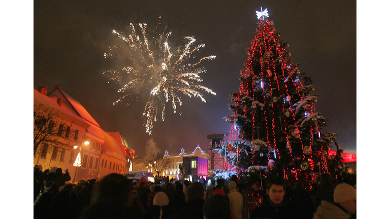 Fireworks light the sky above the Town H
