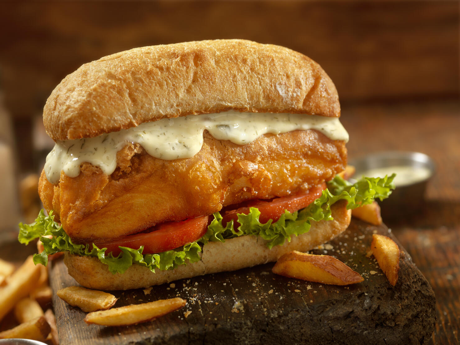 Beer Battered Fish Sandwich on a Ciabatta Bun