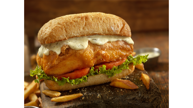 Beer Battered Fish Sandwich on a Ciabatta Bun