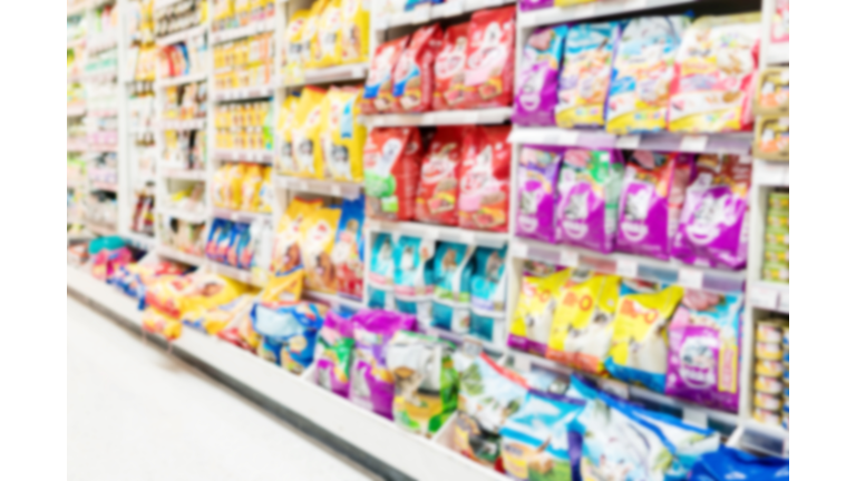 Blurry Background of Animal feed product department in supermarket.