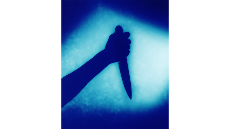 Person holding dagger, shadow (blue tone)